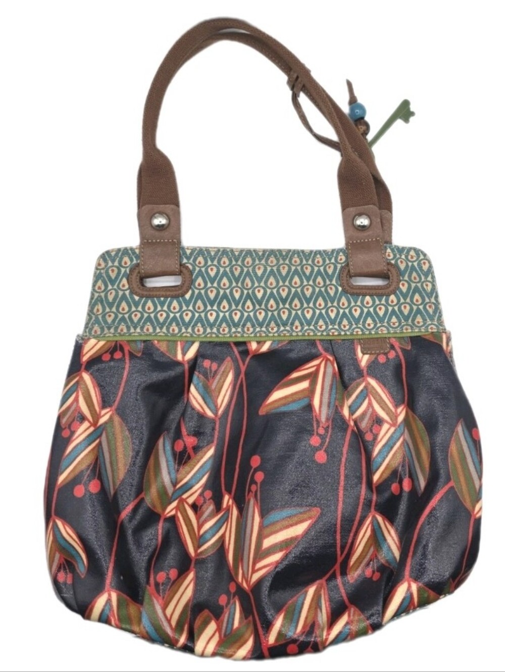 Vintage Y2K Fossil Key Per Coated Retro Floral Canvas Leather Trim Hobo Tote Bag - Picture 3 of 13